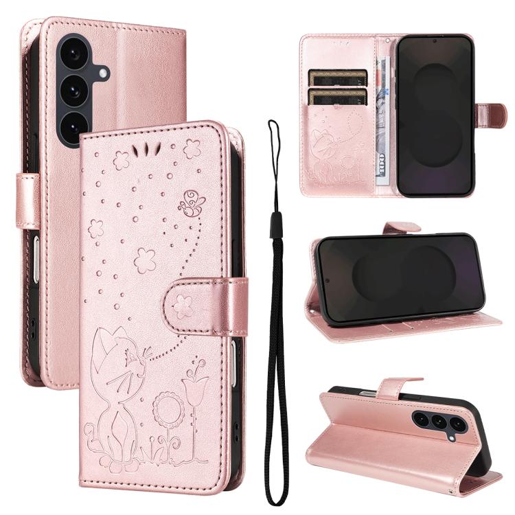 

For Samsung Galaxy S25 FE 5G Cat and Bee Embossed Flip Leather Phone Case(Rose Gold)