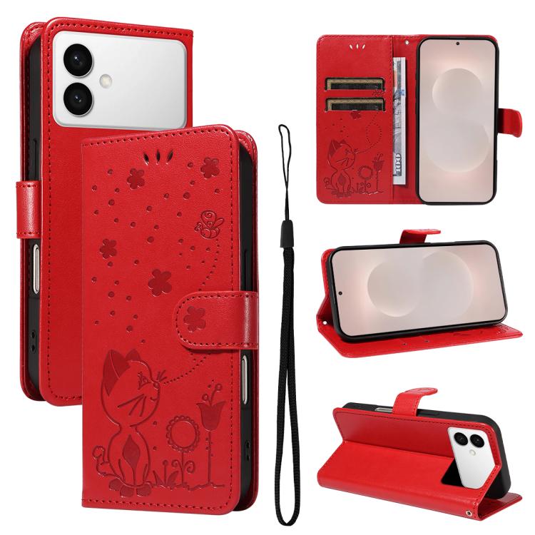 

For Samsung Galaxy S26 Edge 5G Cat and Bee Embossed Flip Leather Phone Case(Red)