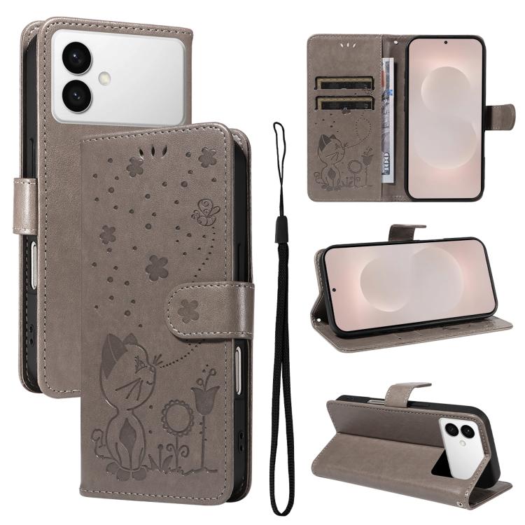 

For Samsung Galaxy S26 Edge 5G Cat and Bee Embossed Flip Leather Phone Case(Grey)