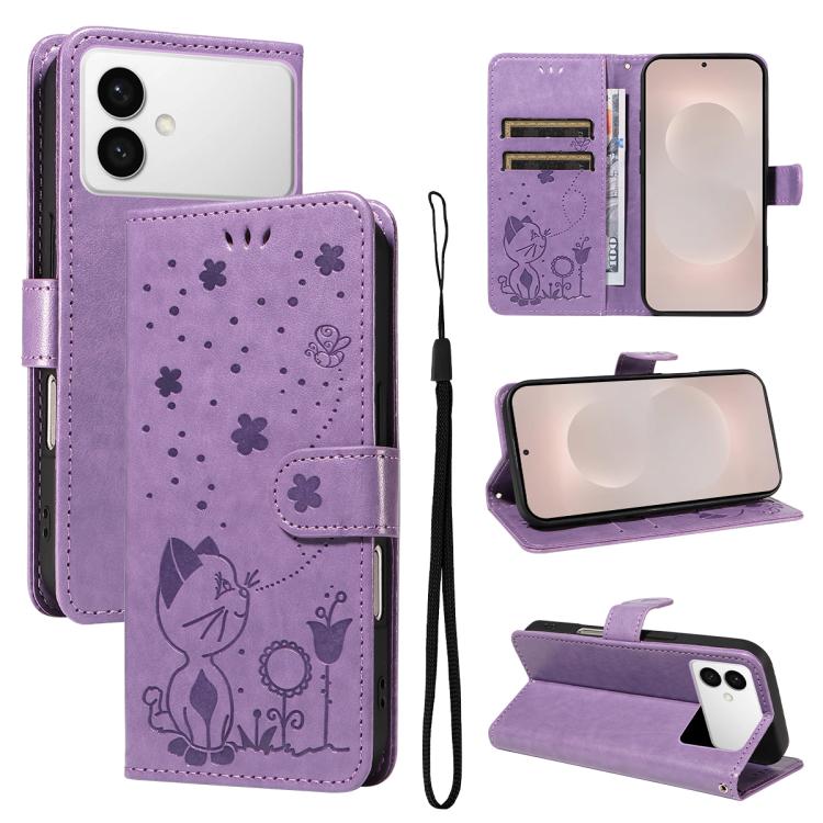 

For Samsung Galaxy S26 Edge 5G Cat and Bee Embossed Flip Leather Phone Case(Purple)