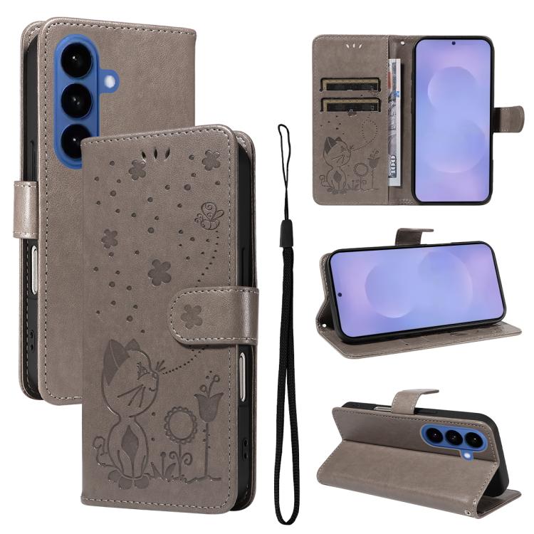 

For Samsung Galaxy S26 Pro 5G Cat and Bee Embossed Flip Leather Phone Case(Grey)