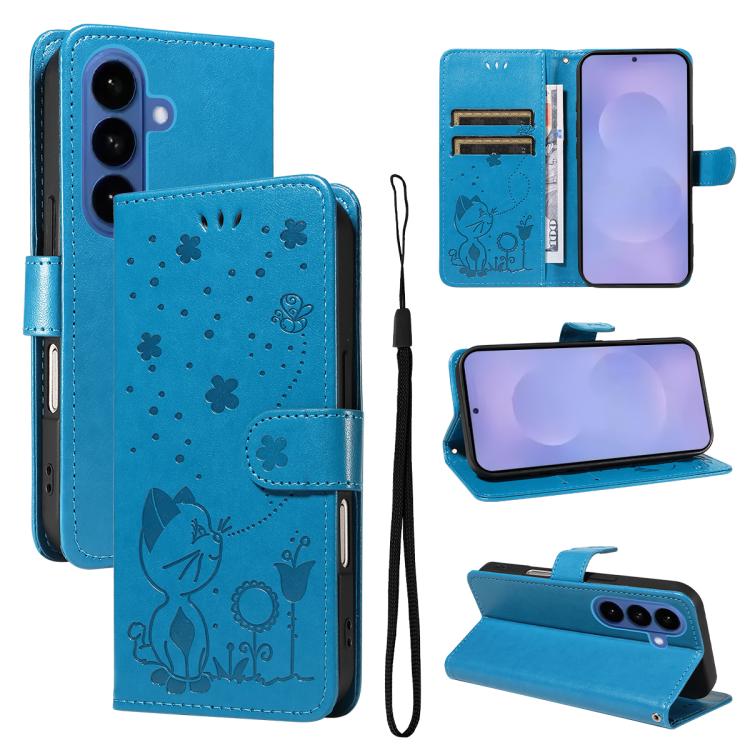 

For Samsung Galaxy S26 Pro 5G Cat and Bee Embossed Flip Leather Phone Case(Blue)