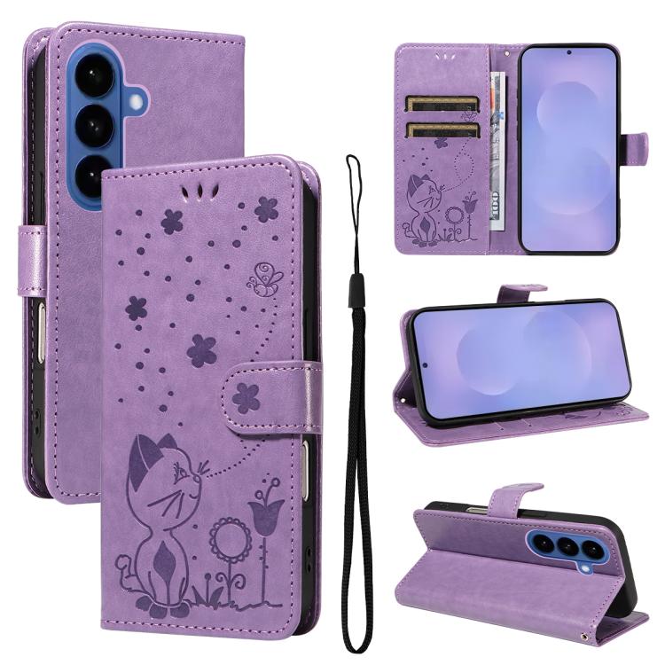 

For Samsung Galaxy S26 Pro 5G Cat and Bee Embossed Flip Leather Phone Case(Purple)