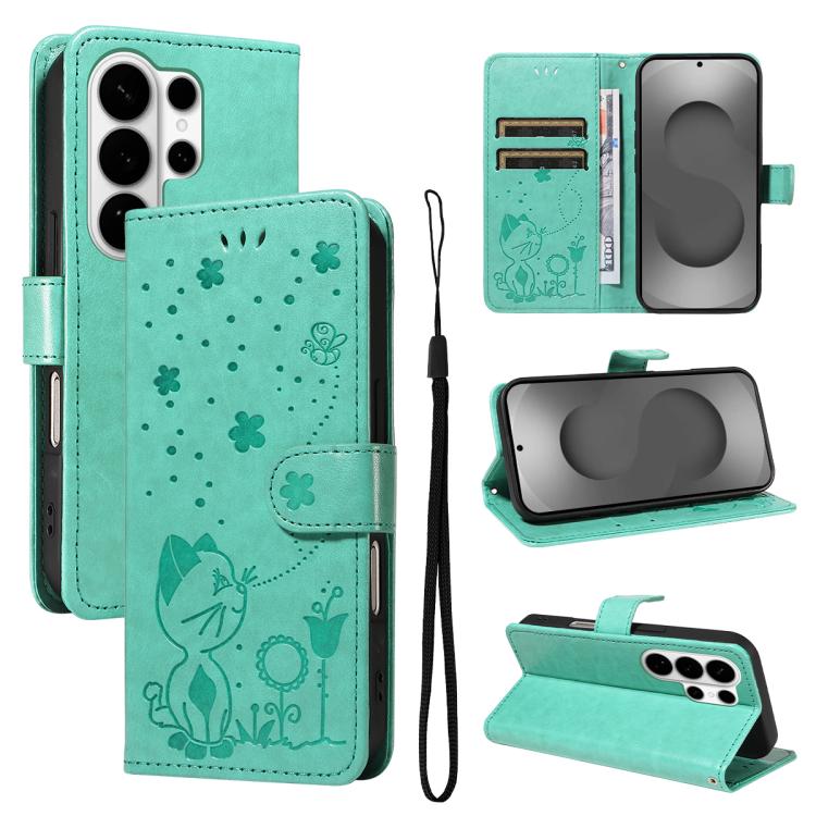 

For Samsung Galaxy S26 Ultra 5G Cat and Bee Embossed Flip Leather Phone Case(Green)