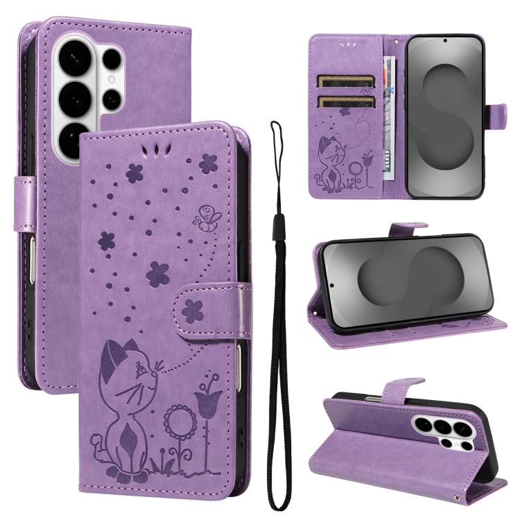 

For Samsung Galaxy S26 Ultra 5G Cat and Bee Embossed Flip Leather Phone Case(Purple)