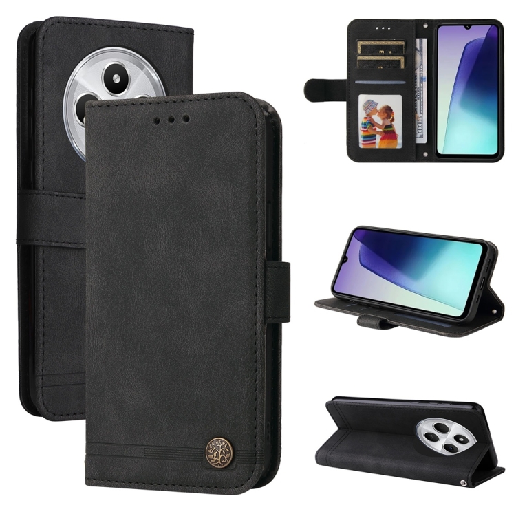 

For Redmi 14C 4G Skin Feel Life Tree Metal Button Leather Phone Case(Black)