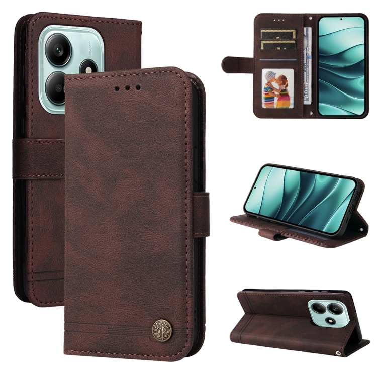 

For Redmi Note 14 5G Skin Feel Life Tree Metal Button Leather Phone Case(Brown)
