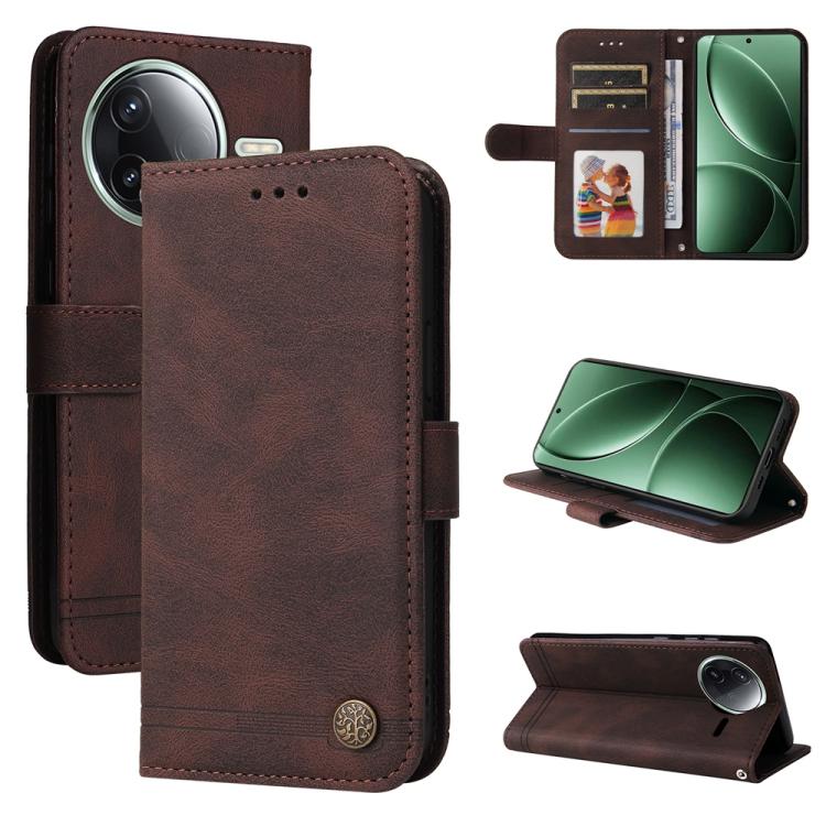 

For Redmi K80 Skin Feel Life Tree Metal Button Leather Phone Case(Brown)