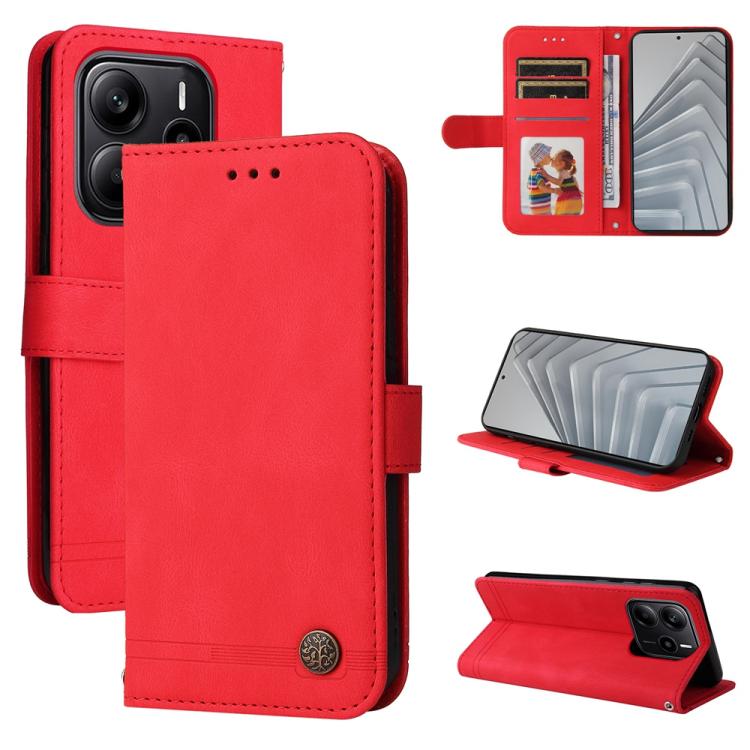 

For Redmi Note 14 4G 163.25mm Global Skin Feel Life Tree Metal Button Leather Phone Case(Red)