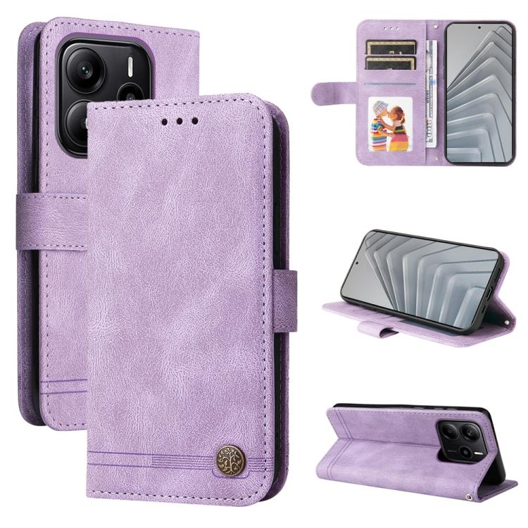 

For Redmi Note 14 4G 163.25mm Global Skin Feel Life Tree Metal Button Leather Phone Case(Purple)