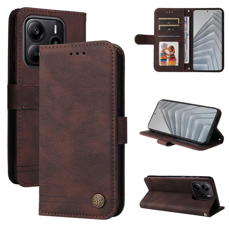 

For Redmi Note 14 4G 163.25mm Global Skin Feel Life Tree Metal Button Leather Phone Case(Brown)