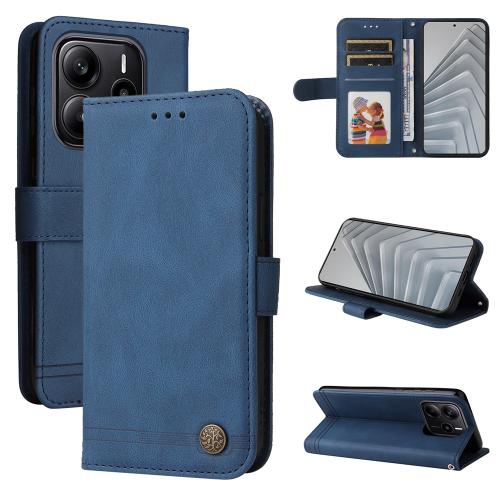 

For Redmi Note 14 4G 163.25mm Global Skin Feel Life Tree Metal Button Leather Phone Case(Blue)