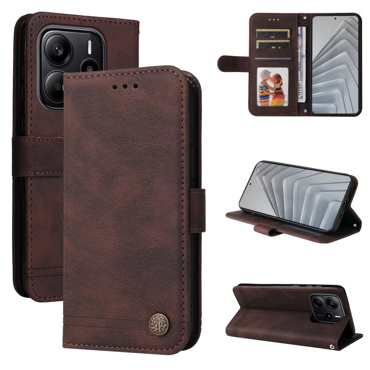 

For Redmi Note 14 4G 164.84mm Skin Feel Life Tree Metal Button Leather Phone Case(Brown)