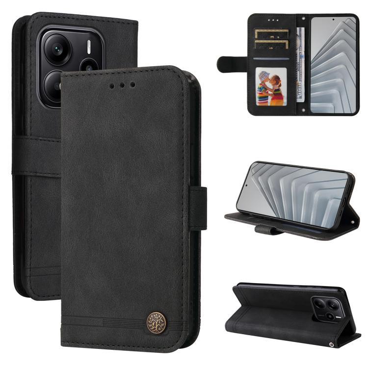 

For Redmi Note 14 4G 164.84mm Skin Feel Life Tree Metal Button Leather Phone Case(Black)