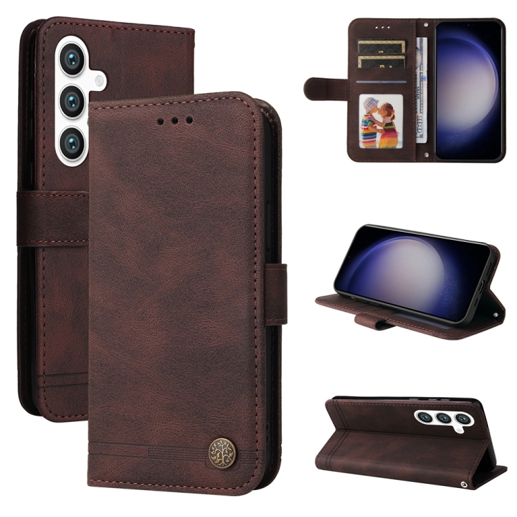 

For Samsung Galaxy S25 5G Skin Feel Life Tree Metal Button Leather Phone Case(Brown)