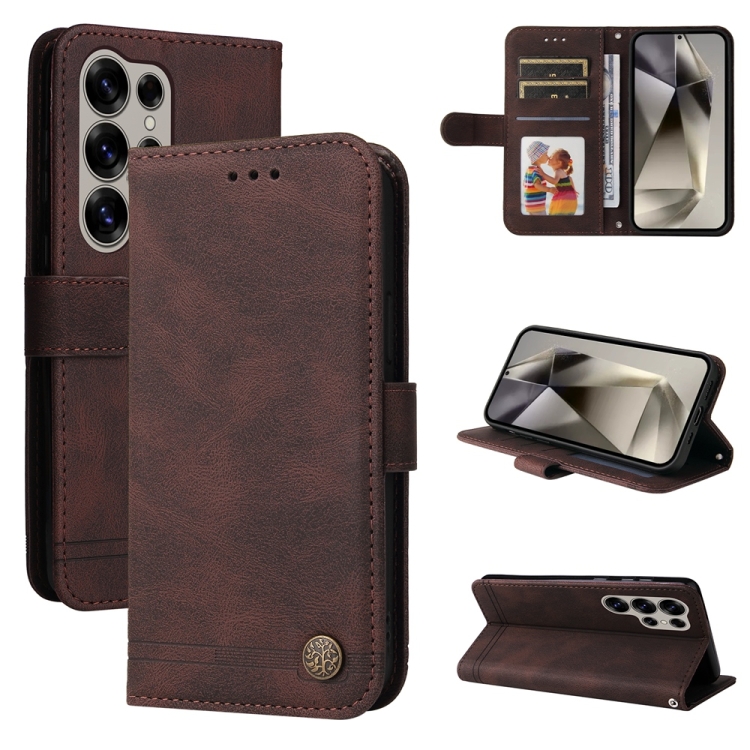 

For Samsung Galaxy S25 Ultra 5G Skin Feel Life Tree Metal Button Leather Phone Case(Brown)