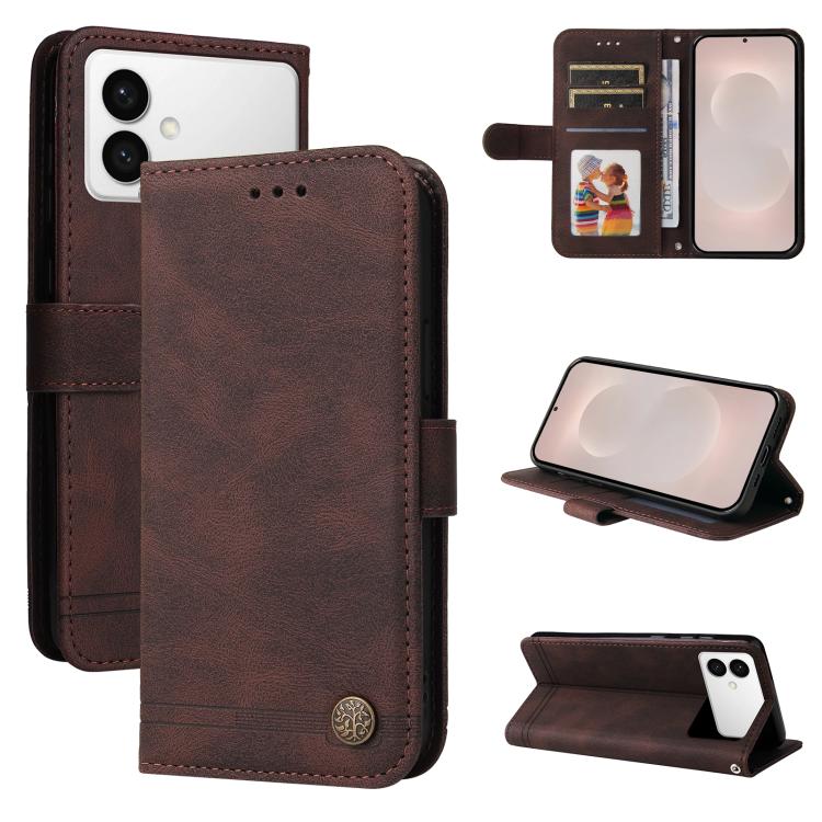 

For Samsung Galaxy S26 Edge 5G Skin Feel Life Tree Metal Button Leather Phone Case(Brown)