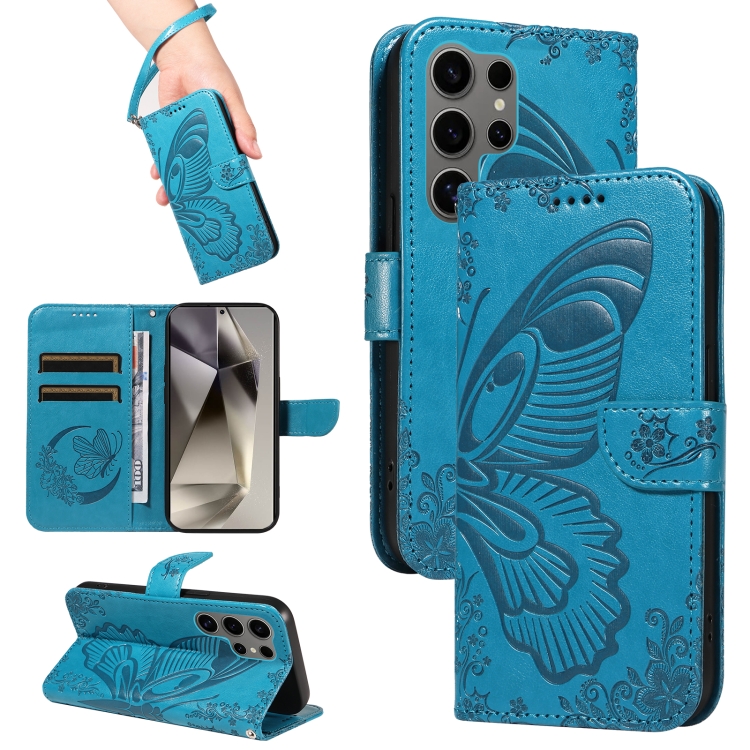 

For Samsung Galaxy S25 Ultra 5G Swallowtail Butterfly Embossed Leather Phone Case(Blue)