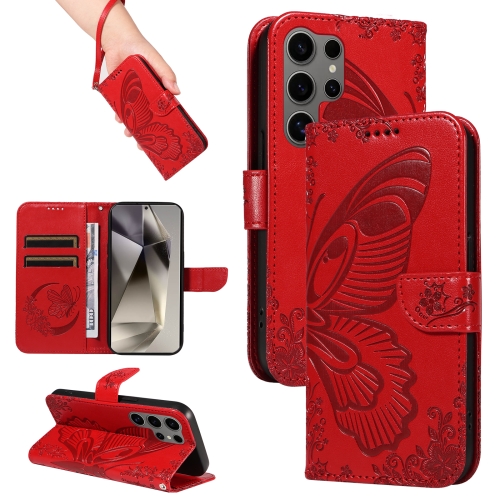 

For Samsung Galaxy S25 Ultra 5G Swallowtail Butterfly Embossed Leather Phone Case(Red)