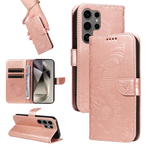 

For Samsung Galaxy S25 Ultra 5G Swallowtail Butterfly Embossed Leather Phone Case(Rose Gold)