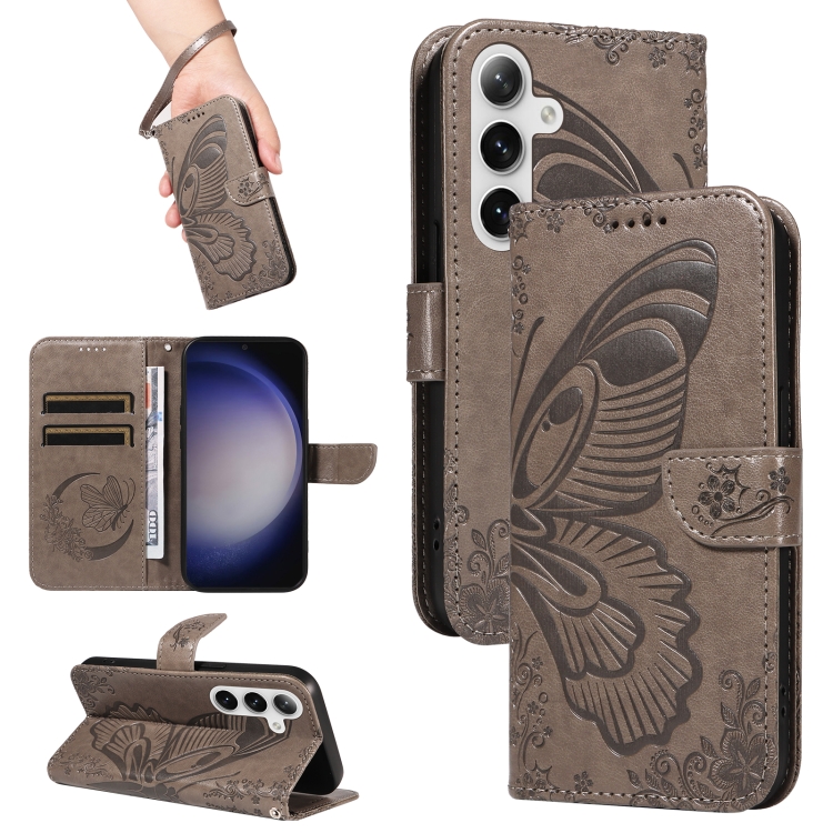 

For Samsung Galaxy S25 / S24 5G Swallowtail Butterfly Embossed Leather Phone Case(Grey)