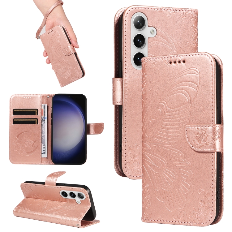 

For Samsung Galaxy S25 / S24 5G Swallowtail Butterfly Embossed Leather Phone Case(Rose Gold)