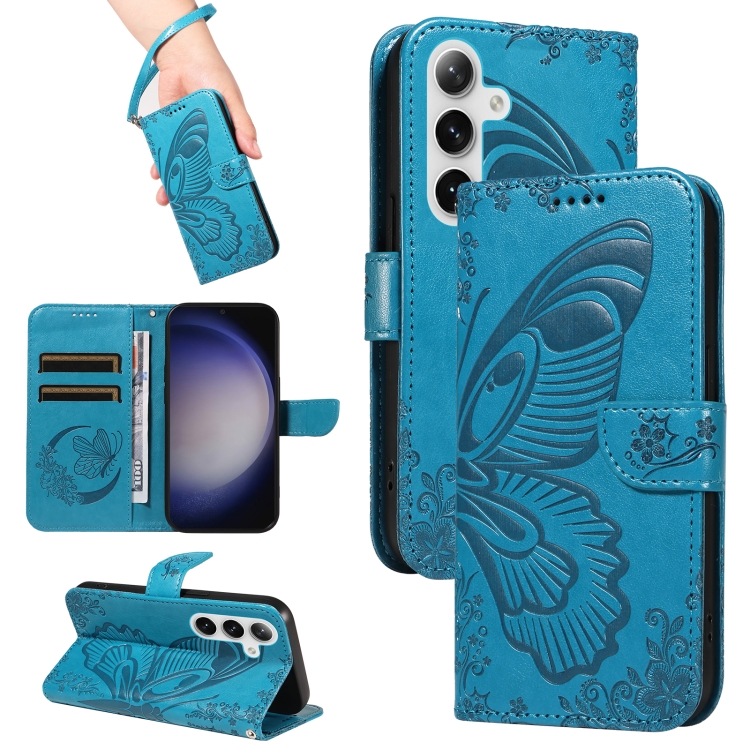 

For Samsung Galaxy S25+ / S24+ 5G Swallowtail Butterfly Embossed Leather Phone Case(Blue)