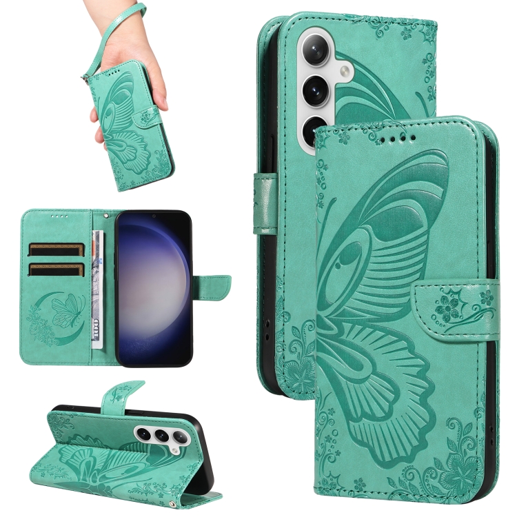 

For Samsung Galaxy S25+ / S24+ 5G Swallowtail Butterfly Embossed Leather Phone Case(Green)