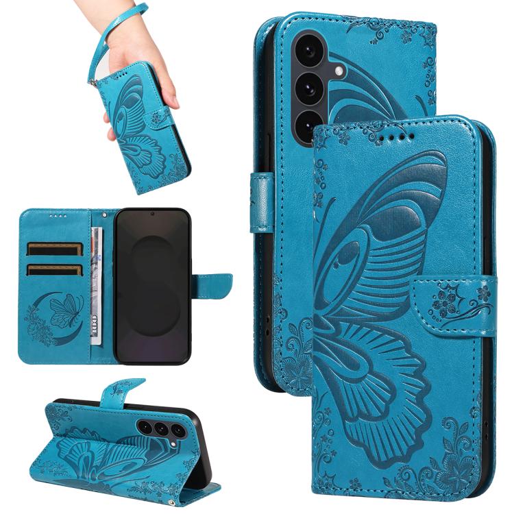

For Samsung Galaxy S25 FE 5G Swallowtail Butterfly Embossed Leather Phone Case(Blue)