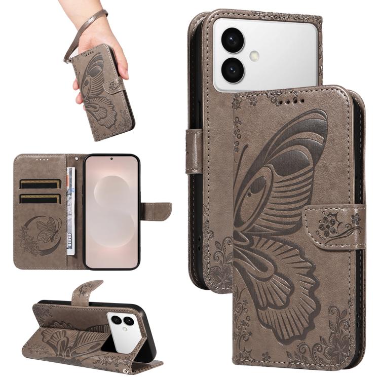 

For Samsung Galaxy S26 Edge 5G Swallowtail Butterfly Embossed Leather Phone Case(Grey)