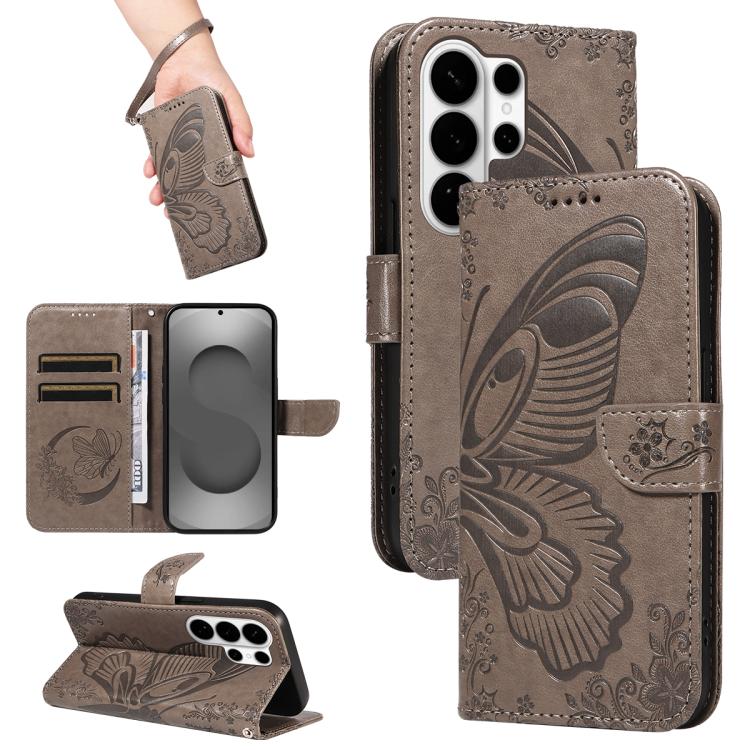

For Samsung Galaxy S26 Ultra 5G Swallowtail Butterfly Embossed Leather Phone Case(Grey)