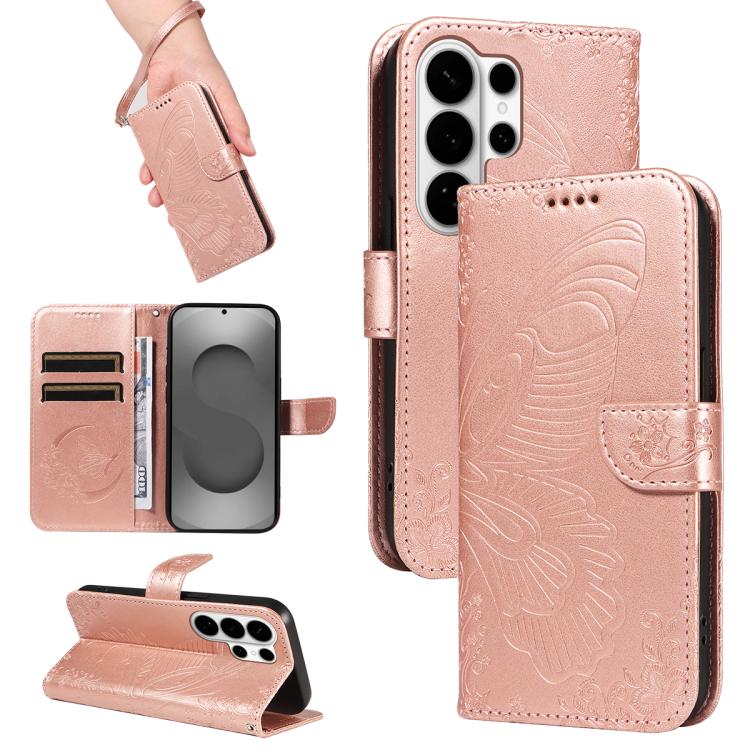 

For Samsung Galaxy S26 Ultra 5G Swallowtail Butterfly Embossed Leather Phone Case(Rose Gold)