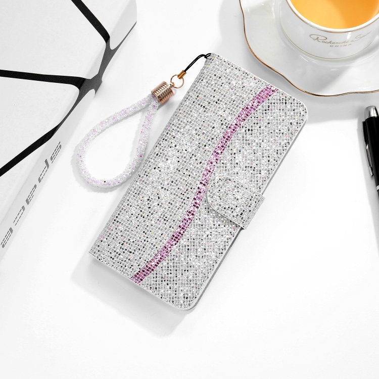 

For iPhone 12 mini Glitter Powder Horizontal Flip Leather Case with Card Slots & Holder & Lanyard(Silver)