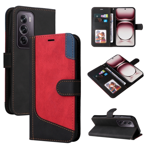 

For OPPO Reno12 Pro 5G Global Three Color Splicing Leather Phone Case(Black)