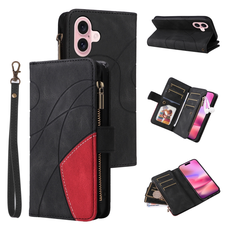 

For iPhone 16 Dual-color 9 Card Slots Zipper Wallet Leather Phone Case(Black)