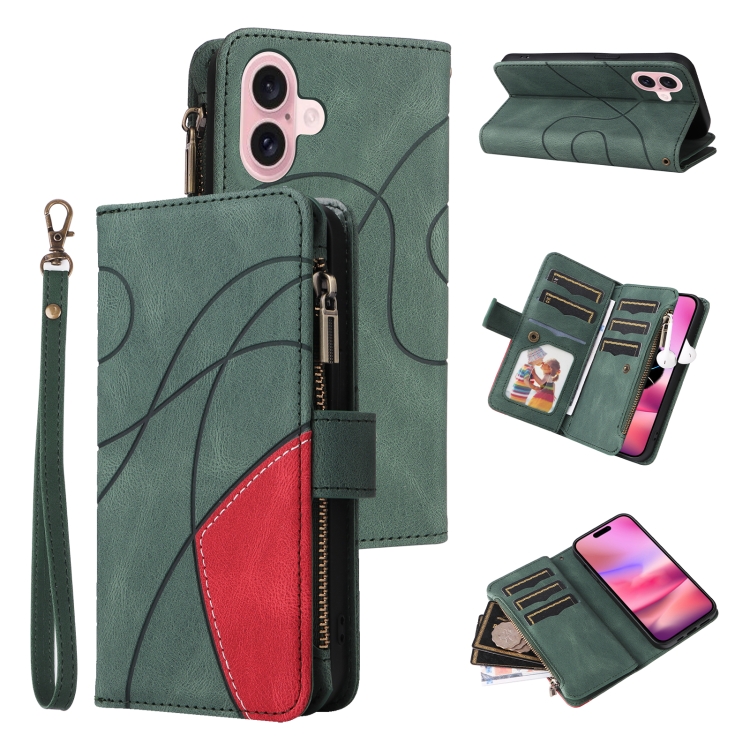 

For iPhone 16 Dual-color 9 Card Slots Zipper Wallet Leather Phone Case(Green)