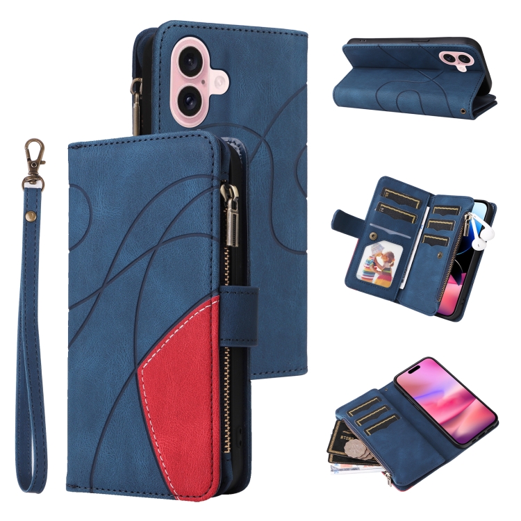 

For iPhone 16 Dual-color 9 Card Slots Zipper Wallet Leather Phone Case(Blue)