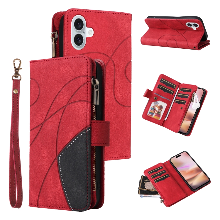 

For iPhone 16 Plus Dual-color 9 Card Slots Zipper Wallet Leather Phone Case(Red)
