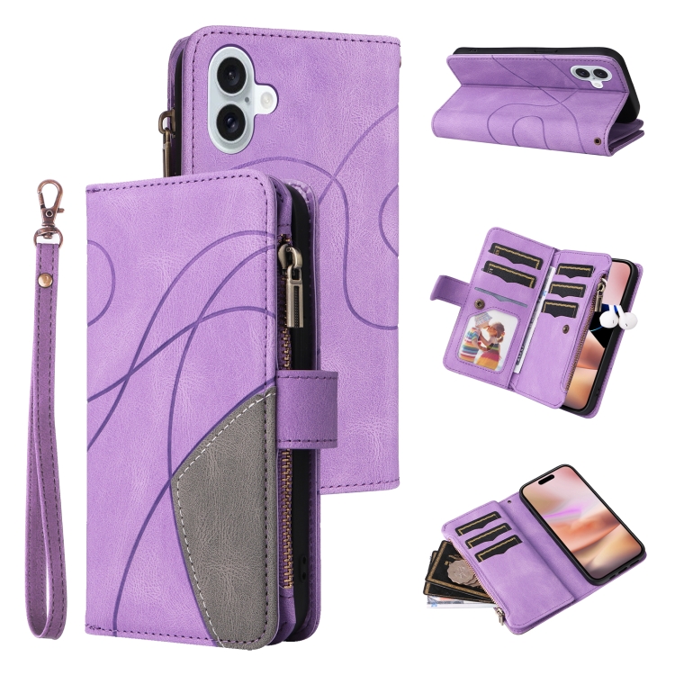 

For iPhone 16 Plus Dual-color 9 Card Slots Zipper Wallet Leather Phone Case(Purple)