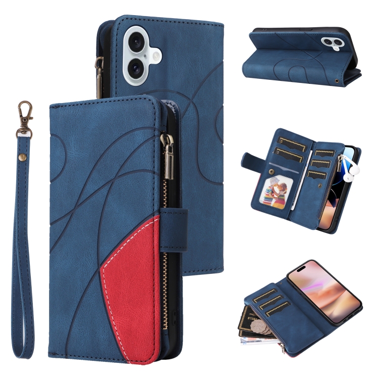 

For iPhone 16 Plus Dual-color 9 Card Slots Zipper Wallet Leather Phone Case(Blue)