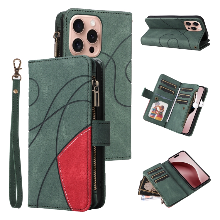 

For iPhone 16 Pro Dual-color 9 Card Slots Zipper Wallet Leather Phone Case(Green)