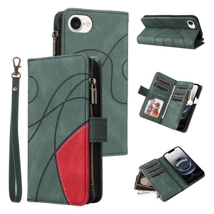 

For iPhone 16e Dual-color 9 Card Slots Zipper Wallet Leather Phone Case(Green)
