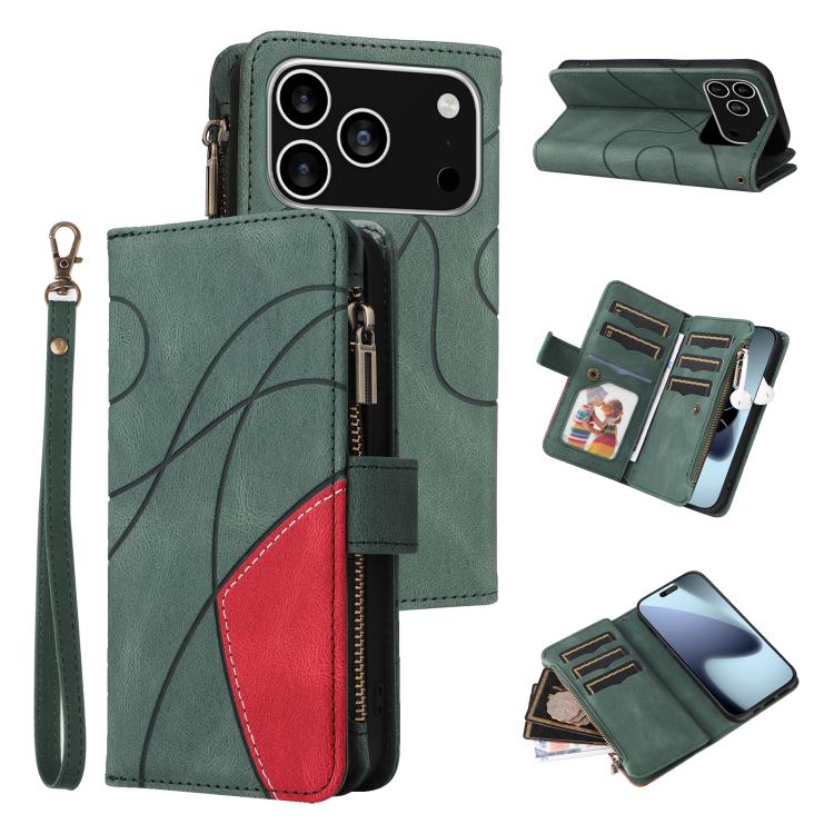

For iPhone 17 Pro Dual-color 9 Card Slots Zipper Wallet Leather Phone Case(Green)