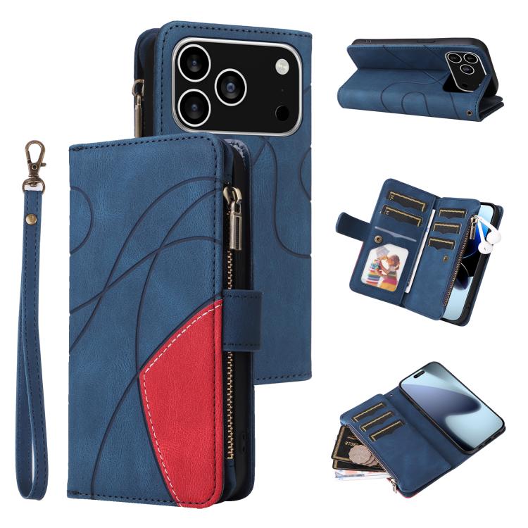 

For iPhone 17 Pro Dual-color 9 Card Slots Zipper Wallet Leather Phone Case(Blue)