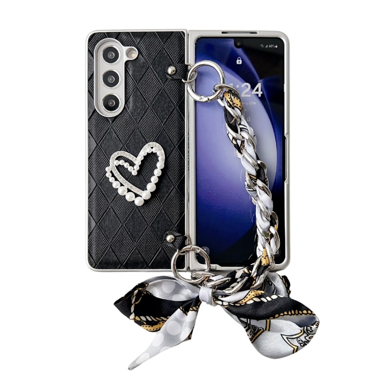 

For Samsung Galaxy Z Fold4 Diamond Square 3D Heart Pattern Full Coverage Phone Case with Scarf / Bracelet(Black)