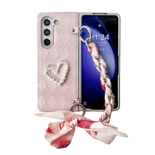

For Samsung Galaxy Z Fold5 Diamond Square 3D Heart Pattern Full Coverage Phone Case with Scarf / Bracelet(Pink)