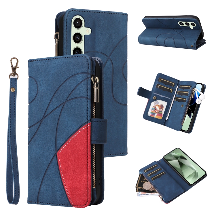

For Samsung Galaxy S24 FE 5G Dual-color 9 Card Slots Zipper Wallet Leather Phone Case(Blue)