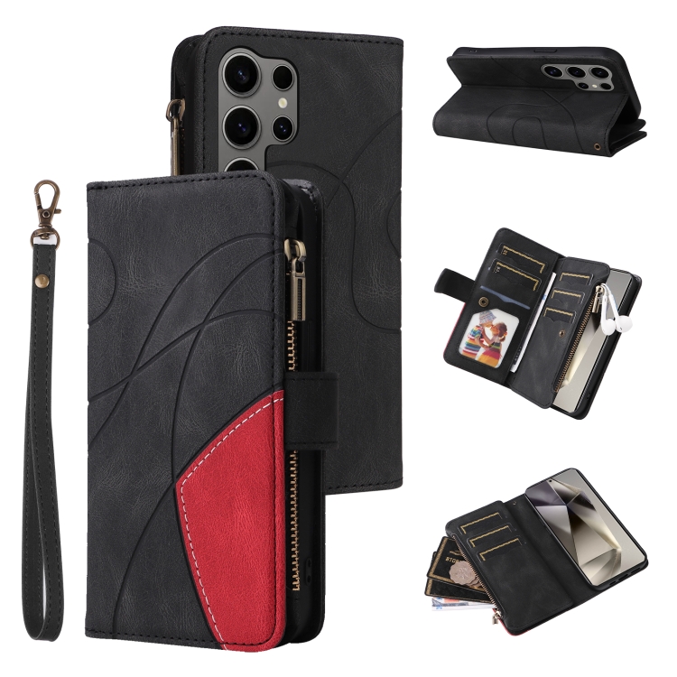 

For Samsung Galaxy S25 Ultra 5G Dual-color 9 Card Slots Zipper Wallet Leather Phone Case(Black)