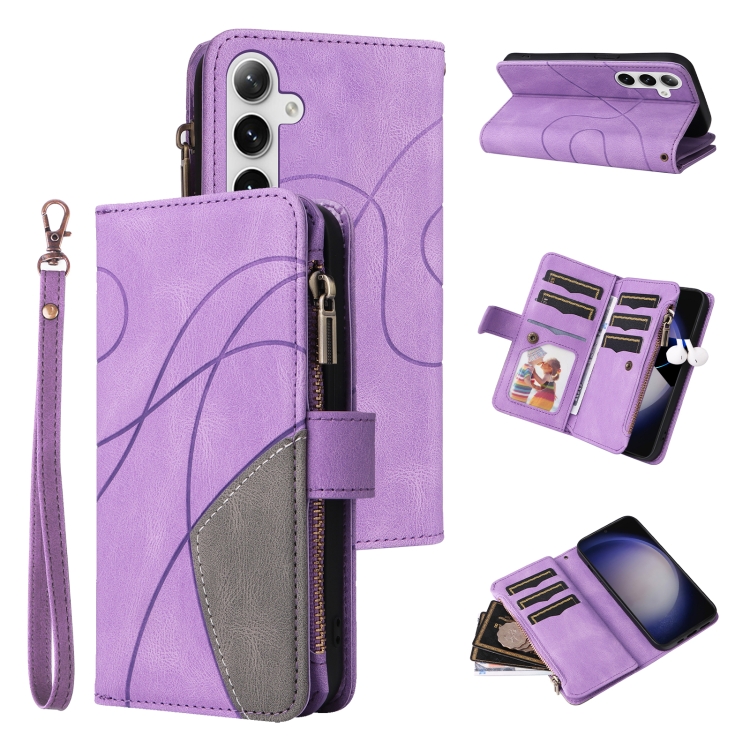 

For Samsung Galaxy S25+ / S24+ 5G Dual-color 9 Card Slots Zipper Wallet Leather Phone Case(Purple)