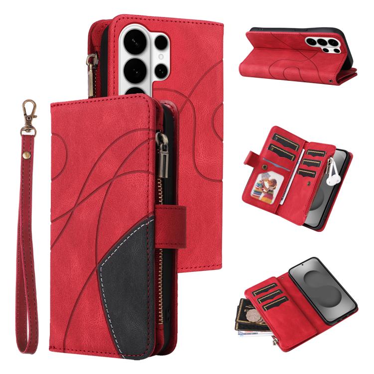 

For Samsung Galaxy S26 Ultra 5G Dual-color 9 Card Slots Zipper Wallet Leather Phone Case(Red)